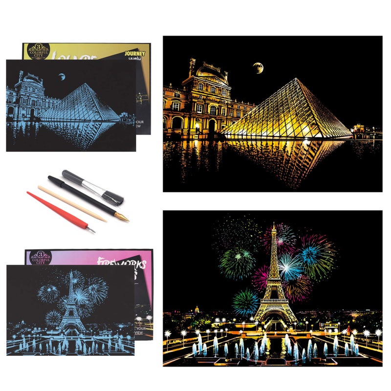 BOTEEN Scratch Rainbow Painting Art Paper,Scratch & Sketch Art for Adults,Scratch Painting Creative Gift Engraving Art & Craft Set,Sketch Pad DIY Scratchboard with 4 Tools,16''x11''(French Series) - Image 1